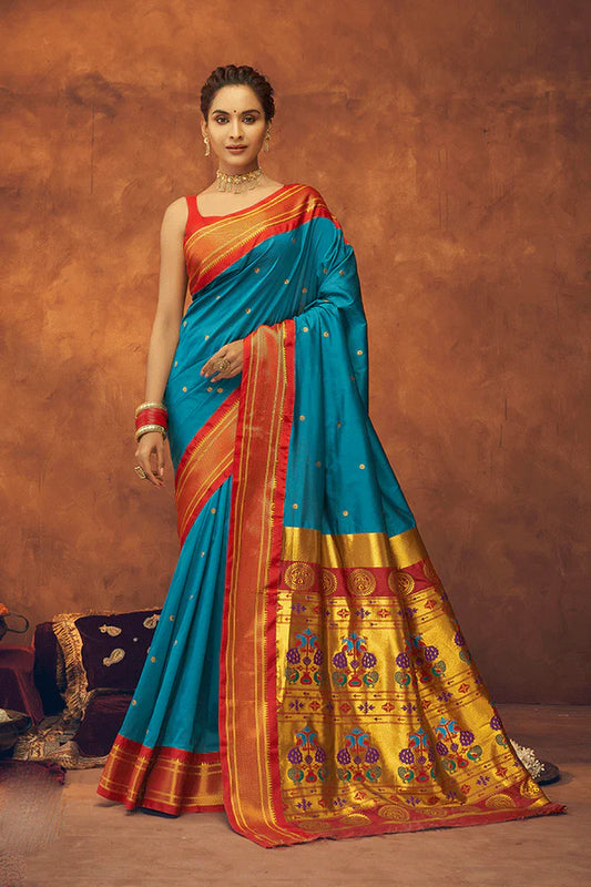 Fountain Blue And Red Zari Woven Paithani Saree