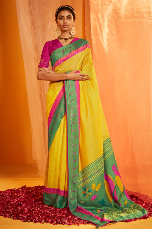 Tulip Tree Yellow Woven Paithani Silk Saree