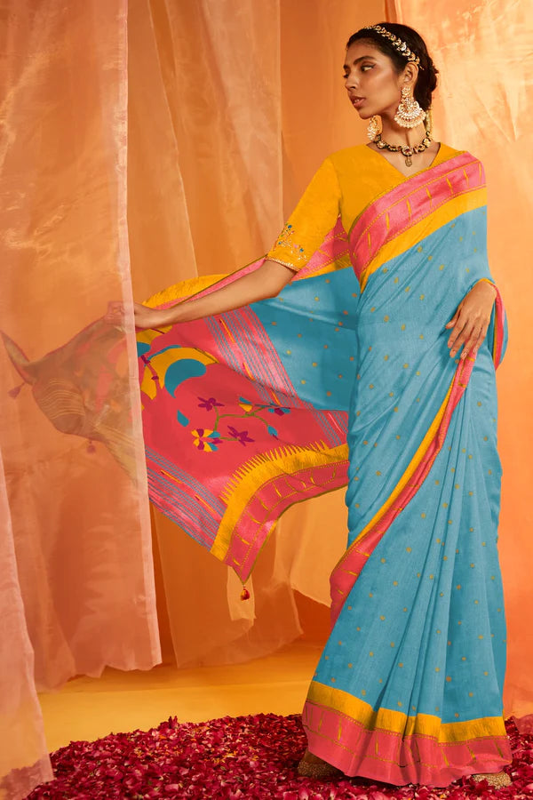 Breaker Bay Blue Woven Paithani Silk Saree