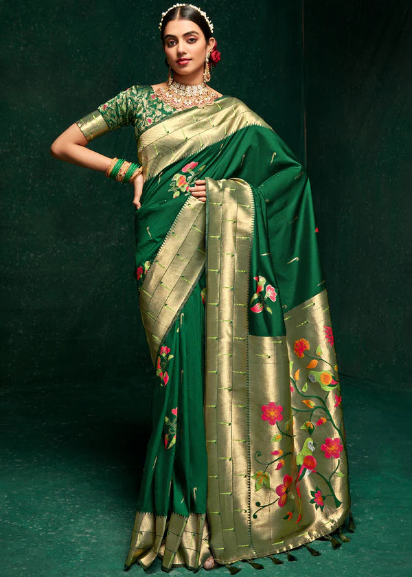 Como Green Woven Paithani Silk Saree With Brocade Blouse