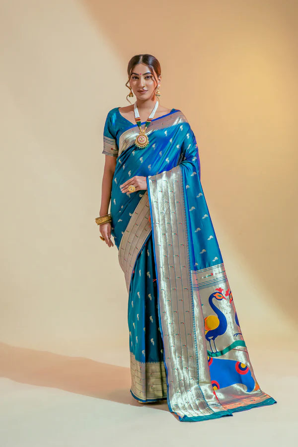 Pacific Blue Woven Paithani Silk Saree