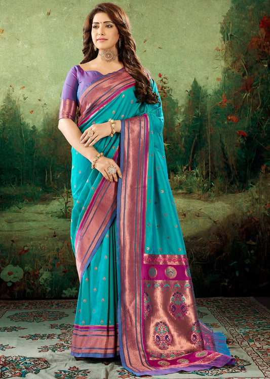 Persian Blue Woven Paithani Soft Silk Saree